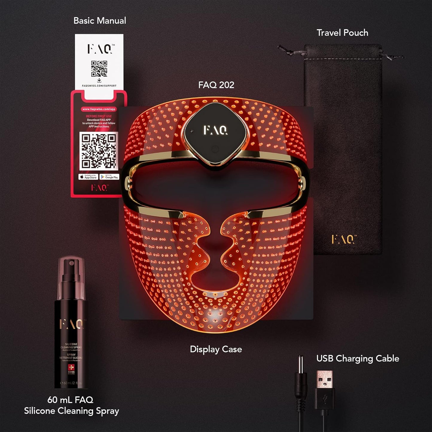 FAQ™ 202 - Smart Anti Aging NIR & 7-LED Light Face Mask + FAQ Silicone Cleaning Spray 60 ml included